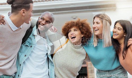 Image of Students, friends and happy portrait of people with diversity, collaboration and university support. Student funny joke, smile and college group outdoor ready for learning and teamwork with laugh