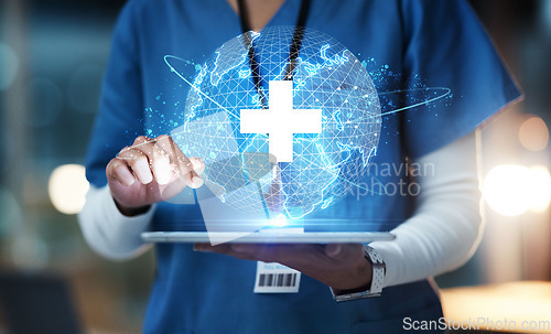 Image of Nurse, hands or technology for 3d globe networking, healthcare community or digital help in life insurance support. Zoom, medical or futuristic world for global hospital, woman or doctor on tablet ux