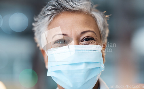 Image of Senior woman, face mask and health with Covid, safety from virus and doctor in PPE healthcare mockup. Medicine portrait, medical professional and bokeh overlay, surgery and protection from corona