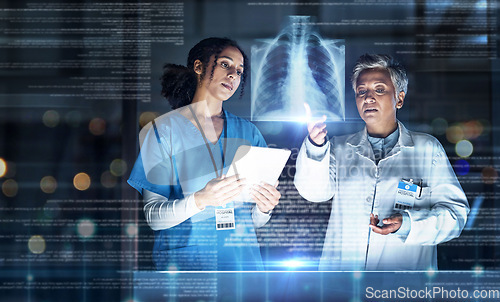 Image of Doctors, healthcare or tablet with abstract lungs in tuberculosis, cancer or heart analytics in night hospital teamwork. Futuristic, hologram or breathing organ on technology for women collaboration