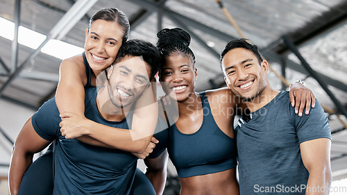 Image of Fitness, happy and portrait of friends in gym for teamwork, support and workout. Motivation, coaching and health with group of people training in sports center for cardio, exercise and wellness