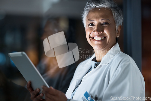 Image of Medical, night and portrait of doctor and tablet for planning, medicine and schedule. Technology, review and digital with senior woman reading report for healthcare, science and life insurance news