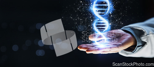 Image of Doctor, hand or 3d dna helix in healthcare analytics, genetic engineering or life insurance mockup on isolated black background. Zoom, abstract or futuristic genes hologram for medical hospital woman