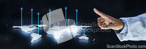 Image of Doctor, finger or 3d world in healthcare networking, digital help or life insurance community on isolated black background. Zoom, medical or futuristic map in global hospital, woman or iot consulting