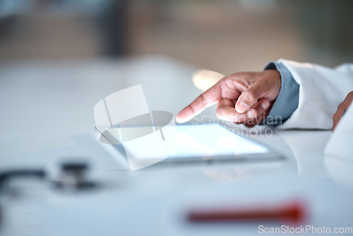 Image of Doctor, finger or tablet with mockup screen in medical research, surgery planning or medicine schedule in hospital. Woman, hands or healthcare worker on technology mock up in digital help or wellness