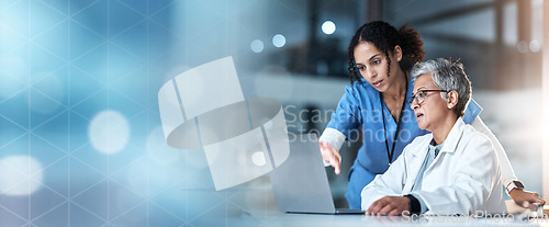 Image of Healthcare, doctors or technology by bokeh copy space, teamwork mockup or mock up in night medical research or planning. Talking, women or nurse on hospital laptop, collaboration or wellness website