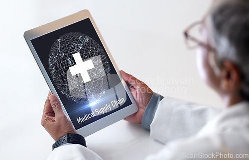 Image of Doctor, tablet or global healthcare logistics in medical supply chain, medicine shipping or hospital community help. Woman, technology or screen of world abstract, first aid globe and life insurance