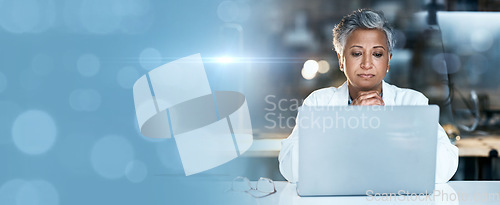 Image of Woman, doctor and laptop by bokeh abstract, copy space or mockup for night medical research or surgery planning. Thinking woman, healthcare and worker on hospital technology or life insurance mock up