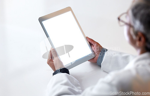 Image of Doctor, hands or tablet and blank mockup screen in medical research, surgery planning or medicine schedule in hospital. Woman, healthcare or worker on technology mock up in digital help or consulting