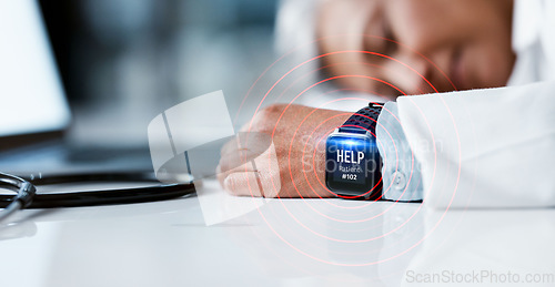 Image of Hands, watch and signal of healthcare woman sleeping on desk while on call, help or emergency at the office. Hand of senior medical doctor resting on table during work hours dreaming with smart watch