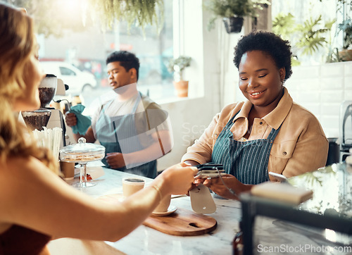 Image of Credit card, payment and shopping with black woman in coffee shop for retail, restaurant and food service. Finance, store and purchase with customer buying in cafe for spending, consumer and sales