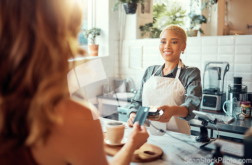Image of Credit card, payment and shopping with black woman in coffee shop for retail, restaurant and food service. Finance, store and purchase with customer buying in cafe for spending, consumer and sales