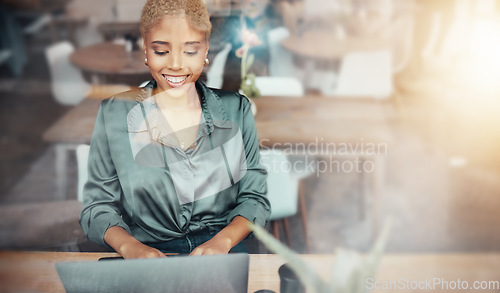 Image of Smile, coffee shop and woman typing on laptop, networking for freelance content marketing job in restaurant window. Technology, social media and remote work for happy freelancer in cafe with computer