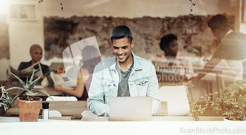 Image of Smile, internet and man with laptop in cafe typing email and networking for freelance job in restaurant window. Technology, communication and remote work, happy freelancer in coffee shop at computer.