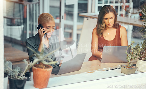 Image of Laptop, phone call and business women in office for planning, strategy meeting and networking. Communication, remote work and female workers working on computer for project, report and typing email