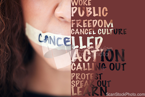 Image of Woman, silence and tape on mouth with words to voice gender based violence, protest or message. Female lips sealed or cancelled in collage, text or letter overlay to fight against political democracy