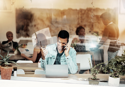 Image of Creative man, phone and laptop at cafe with smile for communication, networking or conversation. Happy male freelancer smiling for call, discussion or startup on smartphone at coffee shop restaurant