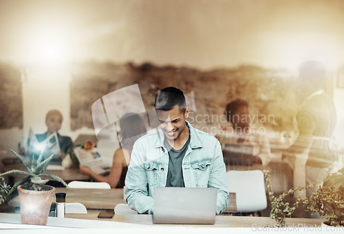 Image of Smile, work and man with laptop in coffee shop networking for freelance content marketing job in restaurant window. Technology, social media and remote work for happy freelancer in cafe with computer