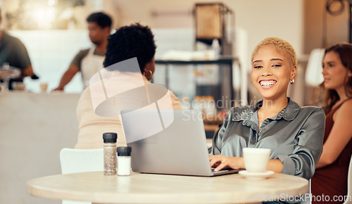 Image of Happy woman, portrait and laptop in cafe of remote work, freelance happiness and busy wifi restaurant. Female smile in coffee shop on computer technology, internet and blogging for social networking