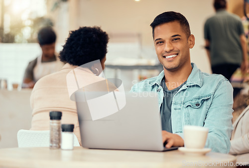 Image of Happy man, portrait and laptop in cafe of remote work, planning freelance research or restaurant. Guy smile in coffee shop on computer technology, internet and blogging online for social networking