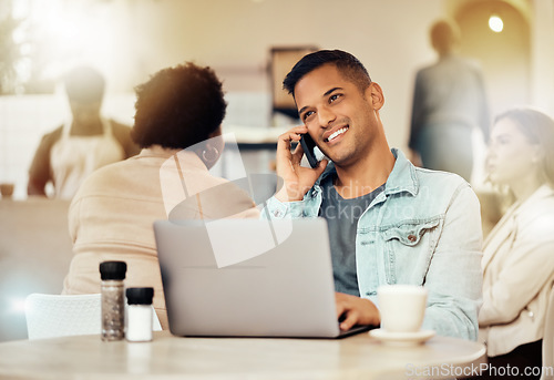 Image of Creative man, phone and laptop at cafe with smile for communication, networking or conversation. Happy male freelancer smiling for call, discussion or startup on smartphone at coffee shop restaurant