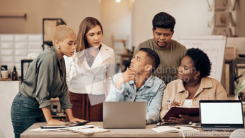 Image of Business people, teamwork or diversity meeting in coffee shop, cafe or restaurant on laptop for startup ideas, vision or goals. Talking, men or creative women with technology in remote work strategy