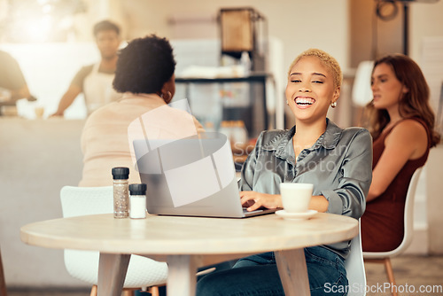 Image of Laughing woman, portrait and laptop in cafe of remote work, freelance happiness and restaurant. Happy female, coffee shop and smile on computer technology, internet and blogging for social networking