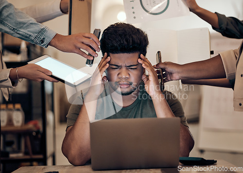 Image of Businessman, stress and headache on laptop multitasking, team management or chaos in modern office. Burnout, mental health and challenge for worker, employee or startup leader in work balance problem