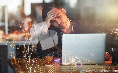 Image of City overlay, stress or business man on laptop for stock market crash, financial crisis or investment depression. Sad, headache or employee on tech with finance anxiety, audit error or mental health