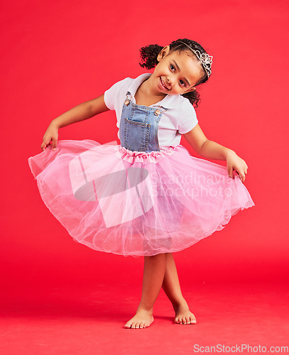 Image of Dance, child and curtsy in princess dress, fantasy and red background on studio mockup. Happy kids holding ballerina skirt, fairytale clothes and fashion crown with smile, play and girly happiness