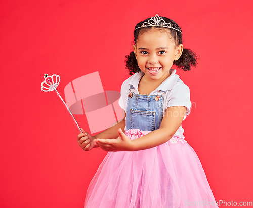 Image of Portrait, child and princess dress with magic wand, fantasy and red background on studio mockup. Happy kids, fairytale clothes and fashion crown with smile, play or happiness in girly ballerina skirt