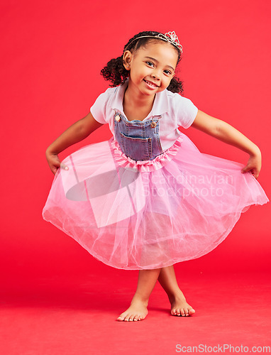 Image of Dance, happy child and portrait in princess dress, fantasy and red background on studio mockup. Kids holding ballerina skirt, fairytale clothes and fashion crown with smile, play and girly happiness