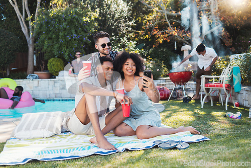 Image of Friends, party and picnic in summer, selfie and fun together for break, relax and smile outdoor, playful or bonding. Young people, men or woman with smartphone, share picture or celebration in garden