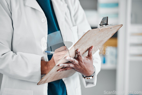 Image of Pharmacy, inventory and hands of woman with clipboard for checklist, pills and medication in a drug store. Hand, stock and pharmacist with list for medical, information and product management