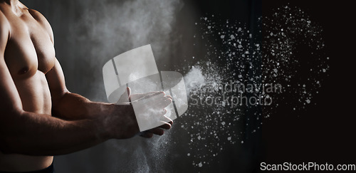 Image of Fitness chalk, black man hands and exercise training of a gym, workout and challenge for health. Dust, mockup and healthy sport start with wellness and strength with abs and strong body with mock up