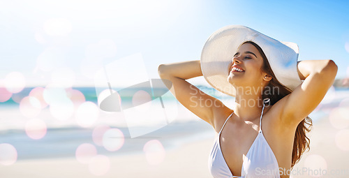 Image of Travel, beach and woman on summer, vacation and holiday against bokeh, water and nature background. Happy, freedom and girl relax at the ocean, fun and smile while enjoying freedom, sun and joy