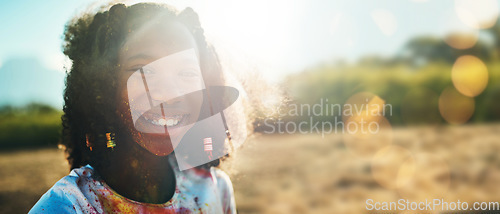 Image of Black girl child, outdoor portrait and mockup space by field, grass or nature for holiday in blurred background. Young happy female, sunshine and excited smile at park, safari or countryside vacation