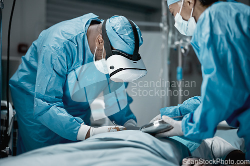 Image of Surgery, doctor help and surgeon with medical tools and healthcare magnify glasses for hospital. Wellness, teamwork and black man with nurse in a health clinic working on patient injury or emergency