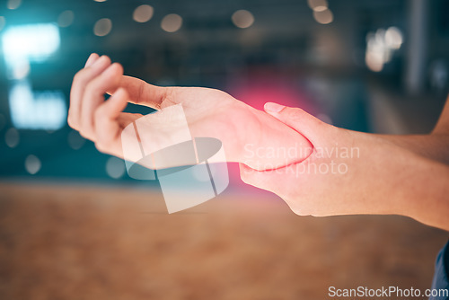 Image of Tendinitis, red pain and wrist of person in sports or swimming training, exercise and workout with muscle risk. Bone injury, athlete or swimmer woman hands for medical check or emergency by pool