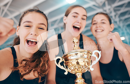 Image of Sports, champion and portrait of women with a trophy for water polo, competition and success. Winner, happy and athlete group with a smile to celebrate an award for sport, winning and achievement