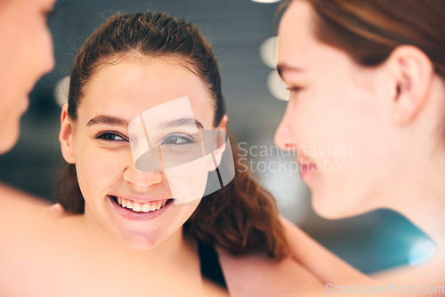 Image of Happy, conversation and girl with friends at waterpolo training, fitness and smile at sports. Communication, face and group of athlete people at practice for sport, talking and laughing together