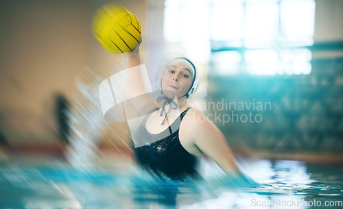 Image of Water polo, sports and portrait of a woman with a ball for a competition, game and training. Fitness, strong and athlete girl throwing with a blur, action and power during a professional match