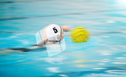 Image of Sports, water polo and athlete swimming with a ball for a competition, exercise or hobby. Fitness, blur motion and swimmer training to play a professional sport game or match in a indoor pool.