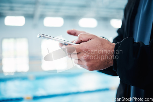 Image of Hands, man and phone for texting by swimming pool for communication, social media or contact on web. Aquatic sports athlete, smartphone and typing on screen with mobile app, website and internet chat