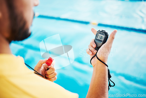 Image of Coach, swimming pool and timer in hands for training, water exercise and health sports with lifeguard professional. Practice, competition and fitness person hand holding stopwatch on blue background