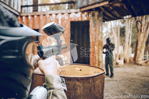 Image of War, shooting and men playing paintball, army training and team sports in nature of Mexico. Target, battle and friends with weapons during military competition, challenge or action game in the woods