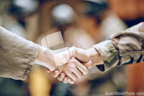 Image of Hands, soldier and handshake for partnership, deal or agreement in collaboration or trust together. Hand of army people shaking hands in support for friendship, community or unity in solidarity