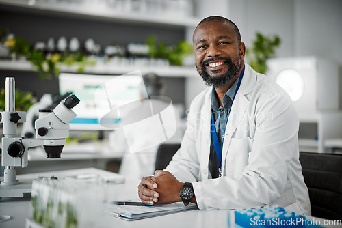 Image of Black man, portrait or science laboratory for medical research, gmo studying or healthcare for genetic engineering. Smile, happy or plant scientist with biology documents clipboard of growth research