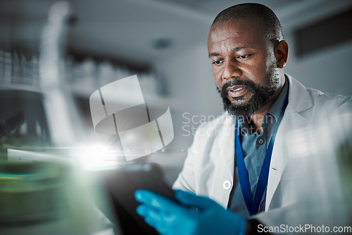 Image of Black man, tablet or thinking in science laboratory for medical research, innovation or ideas for genetic engineering. Plant scientist, worker or biologist with technology for sustainability research