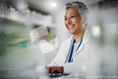 Image of Elderly woman, lab and laptop for research, science and plants for analytics, pharmaceutical study and focus. Senior scientist, expert or computer for typing with data analysis for goal in laboratory